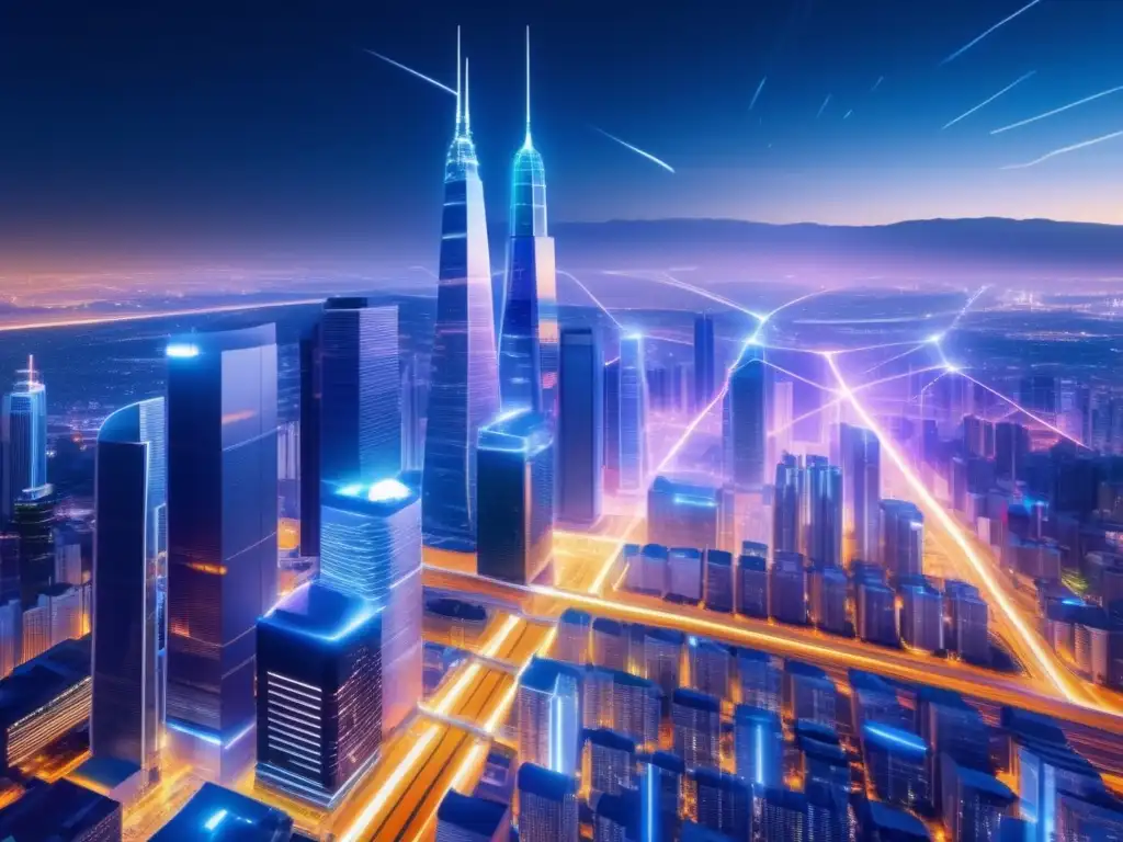 Ventajas de la fibra óptica en una ciudad futurista iluminada por cables shimmering