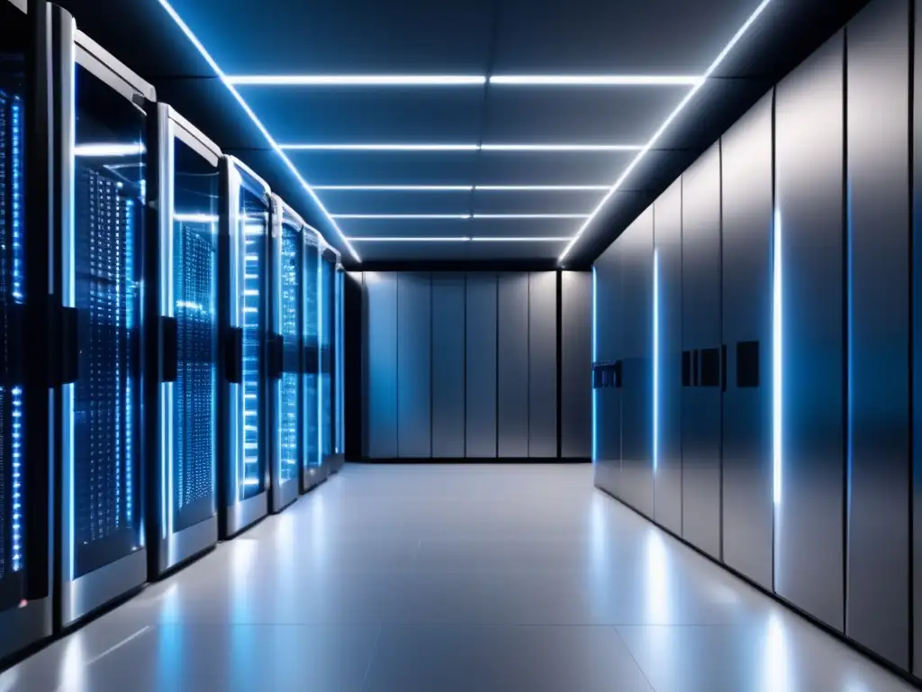 Ventajas de los Data Centers de Fibra Óptica: Centro de datos hightech con diseño futurista, tecnología avanzada, eficiencia y fiabilidad