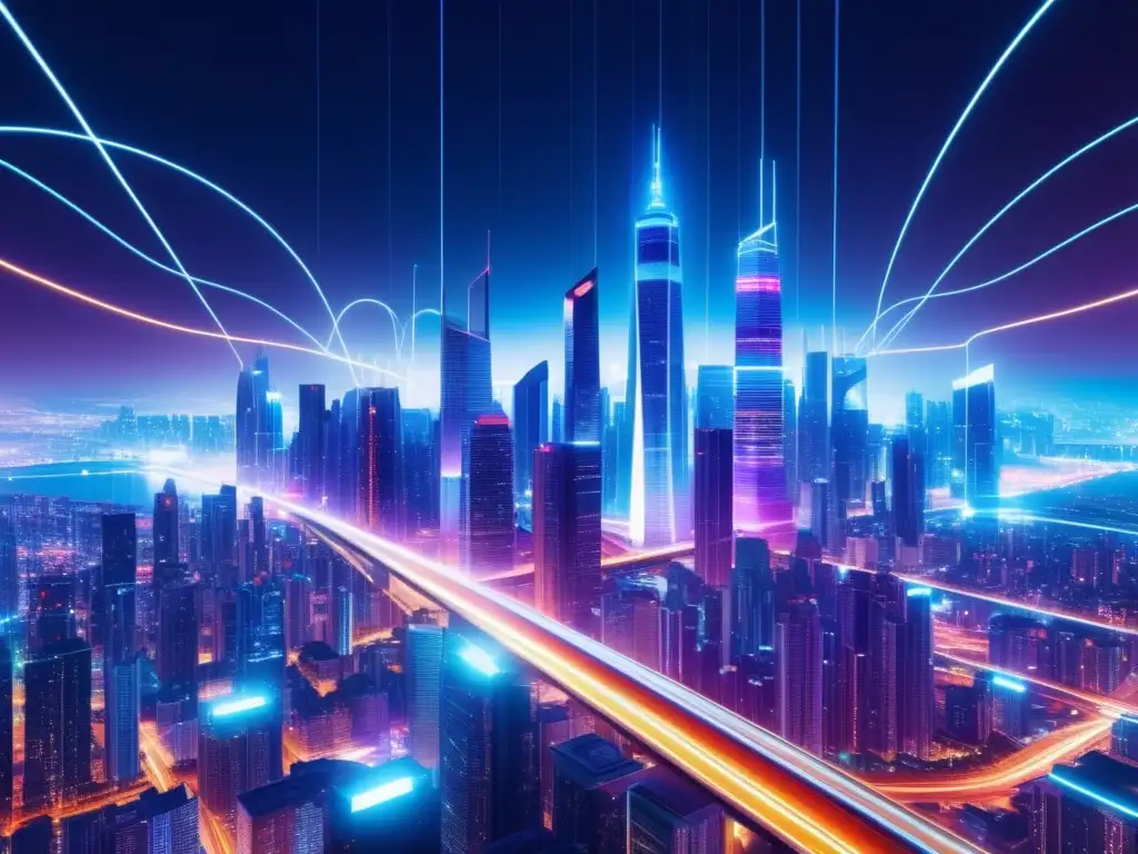 Investigaciones futuras en fibra óptica: Ciudad futurista iluminada por cables de fibra óptica, simbolizando avances tecnológicos y conectividad