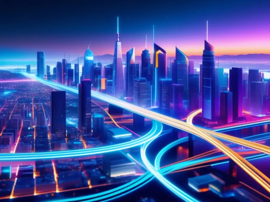 Futurista ciudad nocturna iluminada por cables de fibra óptica, simbolizando la conectividad y velocidad del 5G