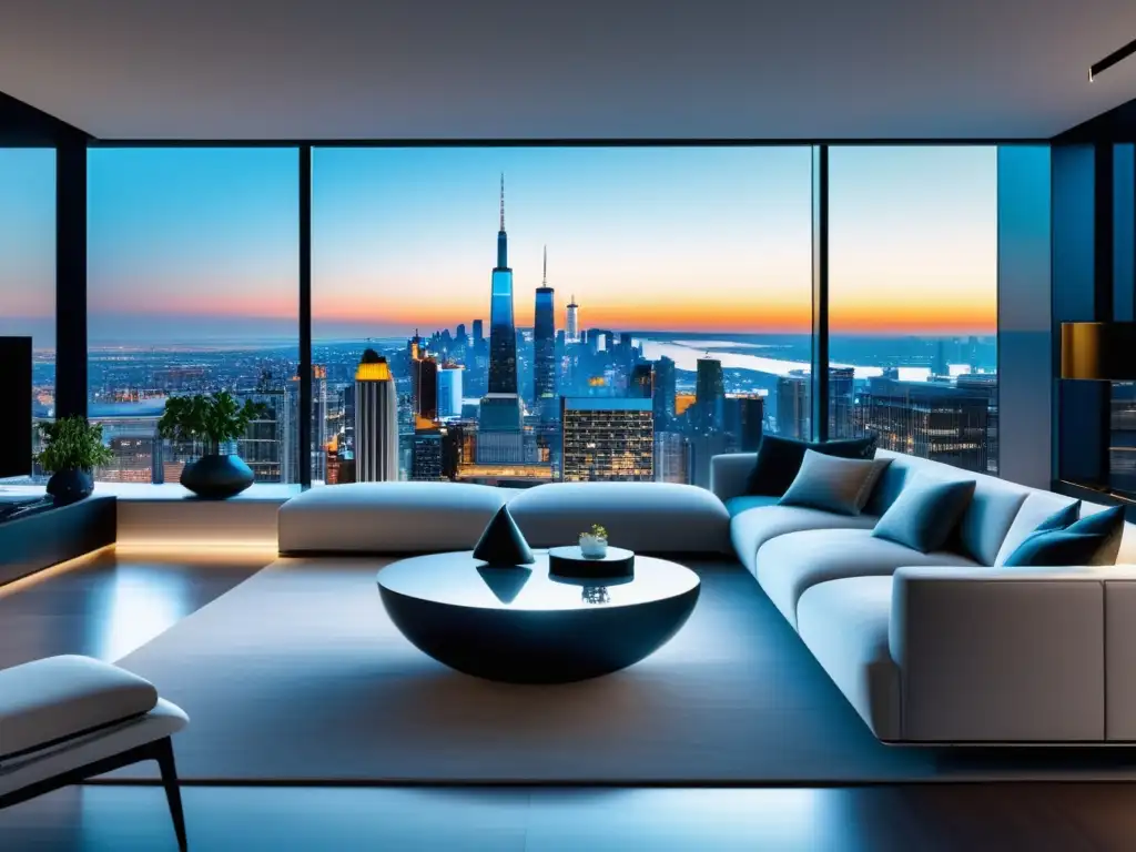 Sala minimalista con vista panorámica de la ciudad a través de ventanas de piso a techo