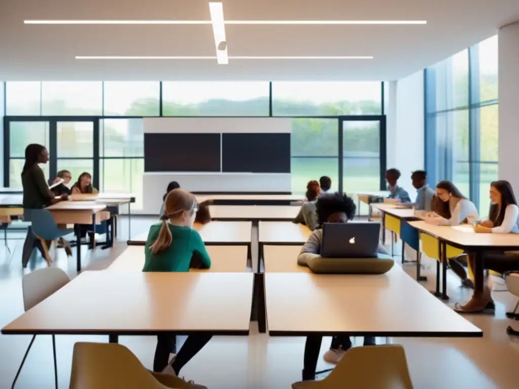 Beneficios de la fibra óptica en la educación: aula moderna con diseño minimalista, luz natural, estudiantes colaborando con tecnología