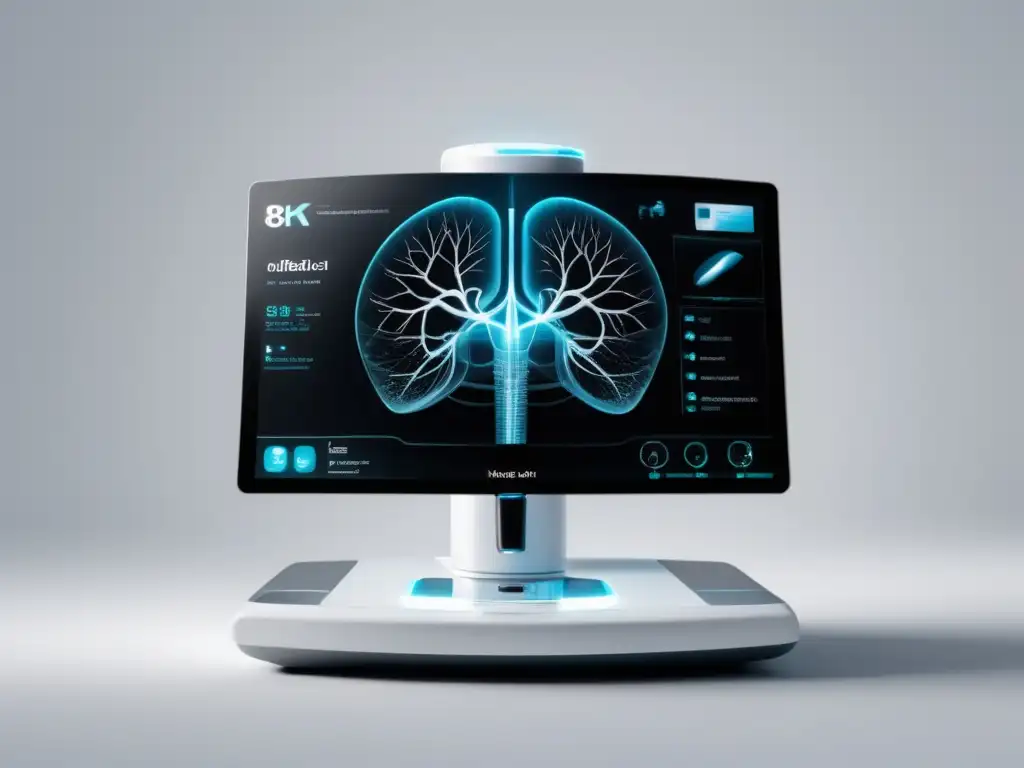 Beneficios de fibra óptica en medicina: Imagen detallada de diseño moderno con dispositivo médico blanco y profesionales colaborando