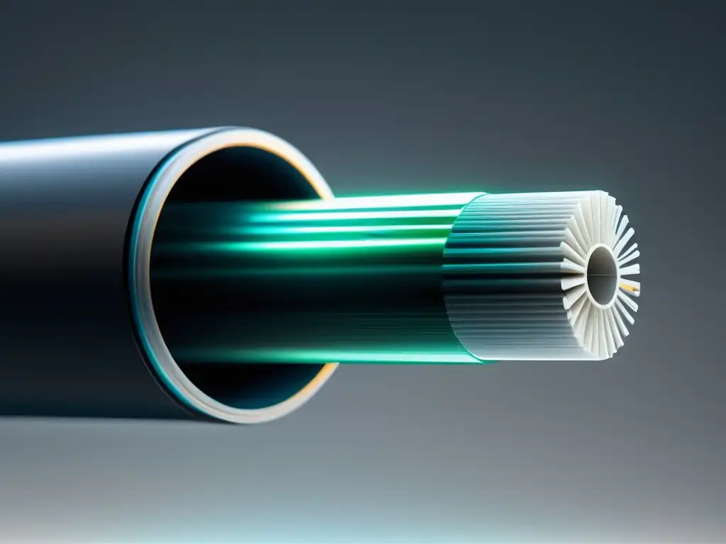 Fibra óptica polarizante y tecnología: imagen moderna y detallada de un cable de fibra óptica transparente con estructura interna de hilos paralelos en tonos azules y rojos, reflejando la polarización