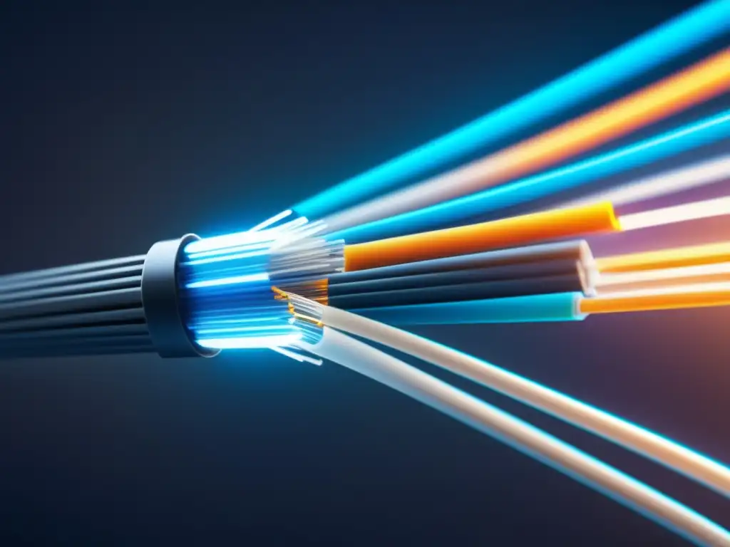 Beneficios de la fibra óptica en la comunicación global: instalación moderna de cableado de fibra óptica, detallada en 8k, transmitiendo datos a altas velocidades