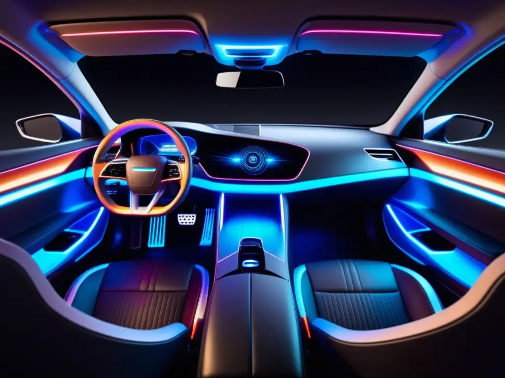 Beneficios fibra óptica en industria automotriz: Integración futurista y elegante de fibra óptica iluminando el interior de un auto moderno