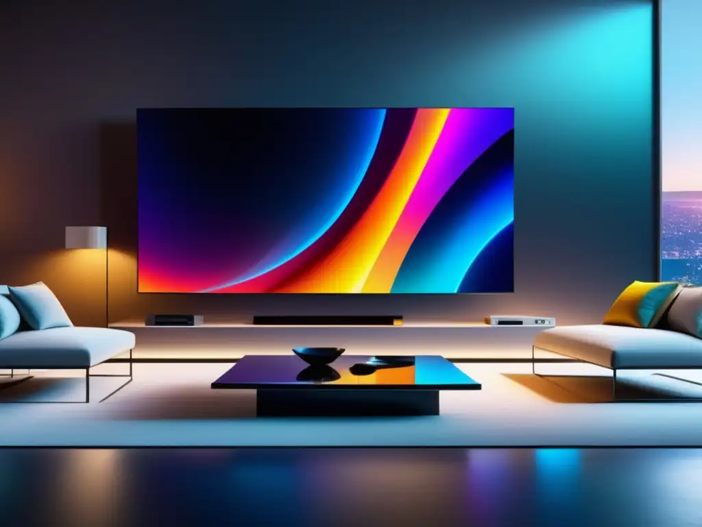 Beneficios de la fibra óptica en la televisión por cable: sala moderna y elegante con TV de alta definición y conexión avanzada