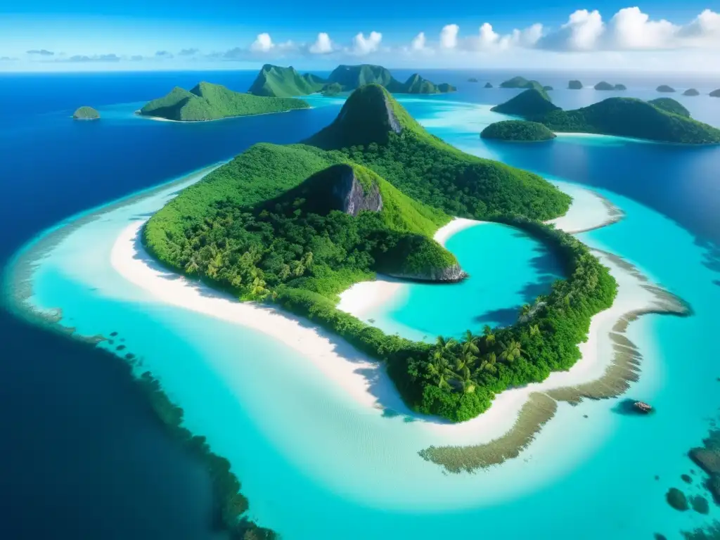 Vista aérea de una isla remota rodeada de aguas turquesas, con bosques densos, colinas y playas prístinas