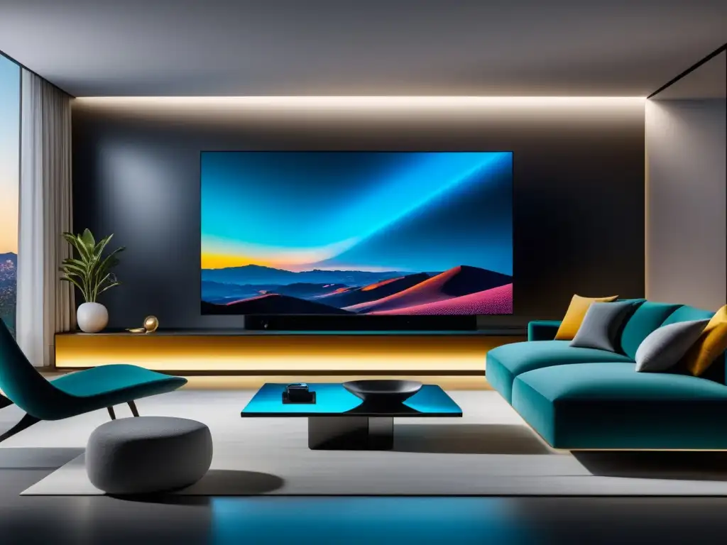 Sala de estar moderna con TV OLED 4K, altavoces y consola de juegos futurista - Ventajas de la fibra óptica en el entretenimiento doméstico