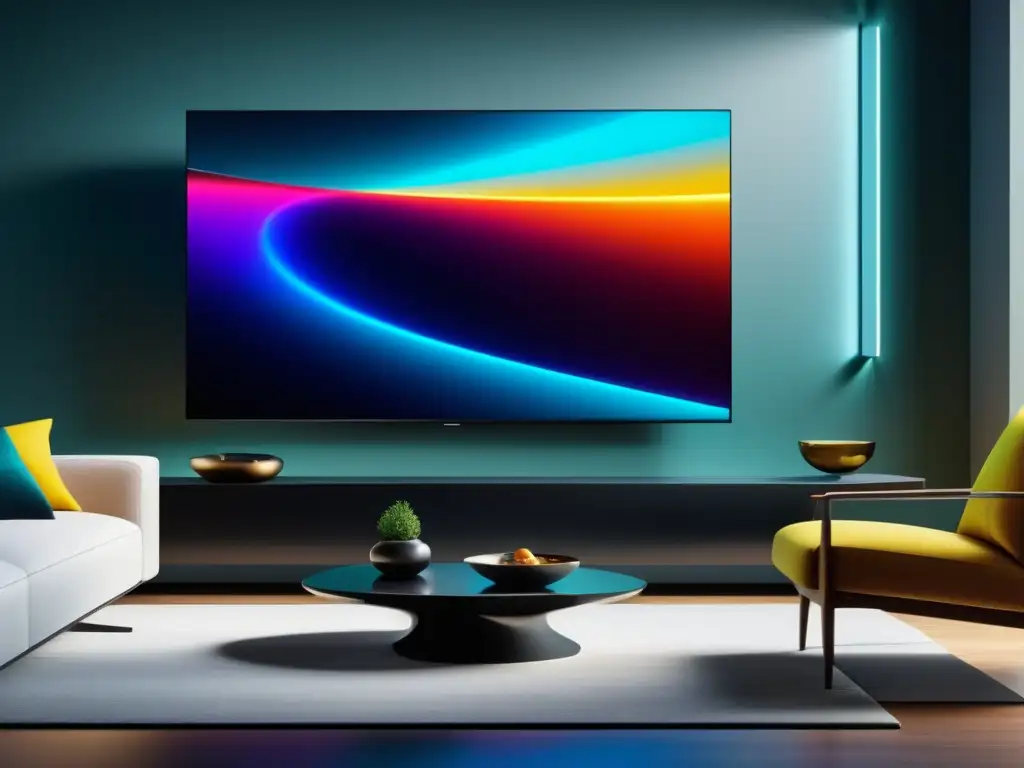 Beneficios de la fibra óptica en streaming en habitación moderna con TV 8k y colores vibrantes