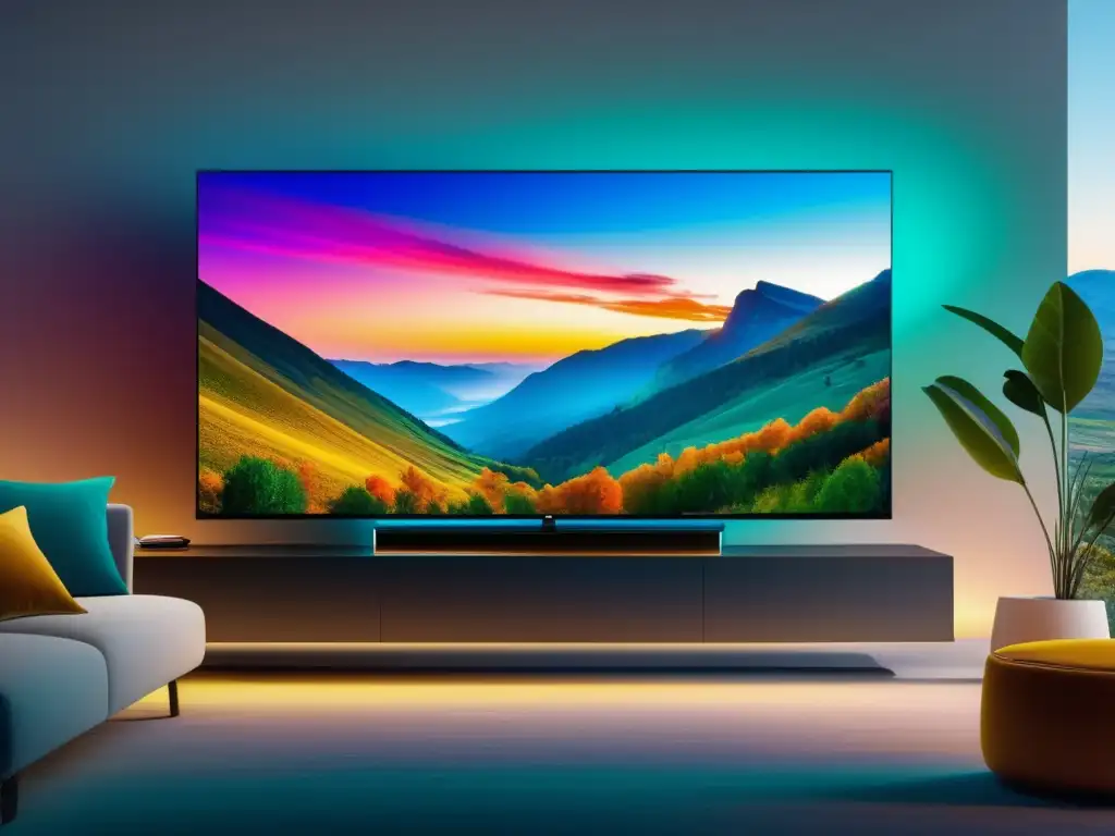 Ventajas de la fibra óptica en el entretenimiento: sala moderna con TV 8k, imagen nítida y colores vibrantes