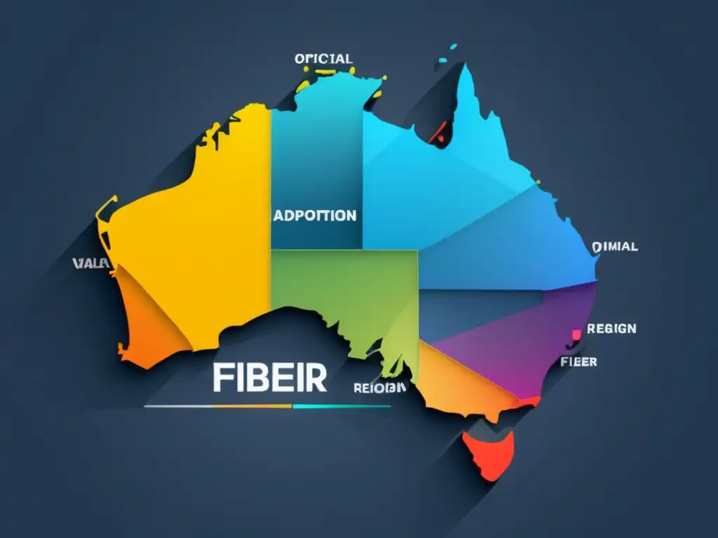 Diferencias regionales adopción fibra óptica: mapa minimalista y moderno con colores representativos