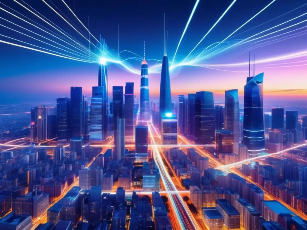 Impacto de la fibra óptica en redes 5G: Ciudad futurista iluminada por la conectividad global y la tecnología de fibra óptica