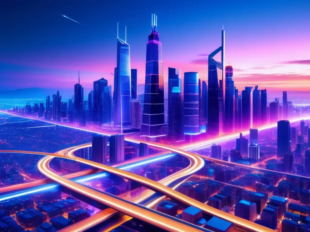 Futurista ciudad con rascacielos y cables de fibra óptica, simbolizando la conectividad global y los beneficios de la fibra óptica