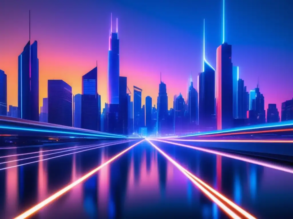 Importancia de la fibra óptica en redes 5G: Ciudad futurista iluminada por neóns, edificios modernos y cables de fibra óptica interconectados