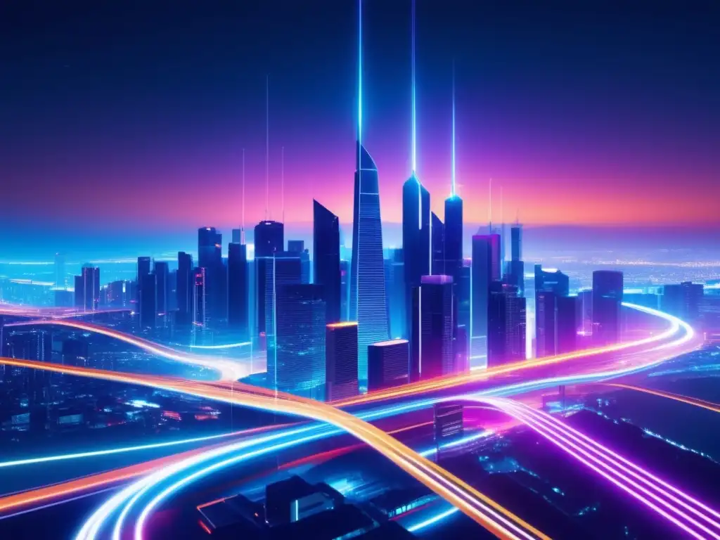 Futuro comunicación fibra óptica: ciudad nocturna futurista con luces neón, redes de cables ópticos y avances tecnológicos