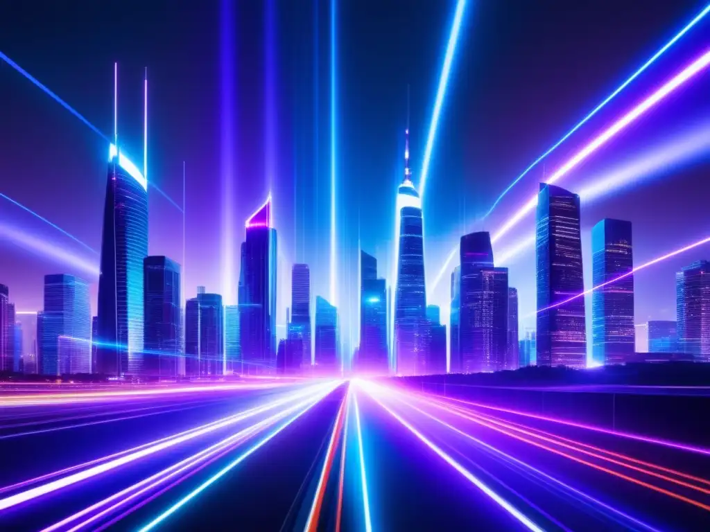 Ventajas de la fibra óptica en la revolución 5G: Ciudad futurista nocturna, iluminada por luces vibrantes que representan datos en cables