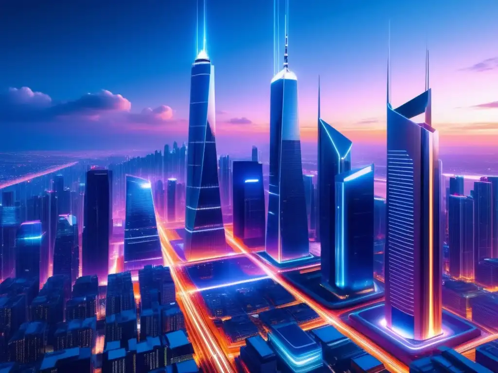 Ciudad futurista al anochecer con edificios modernos iluminados por cables de fibra óptica: Importancia de la fibra óptica en la neutralidad de la red