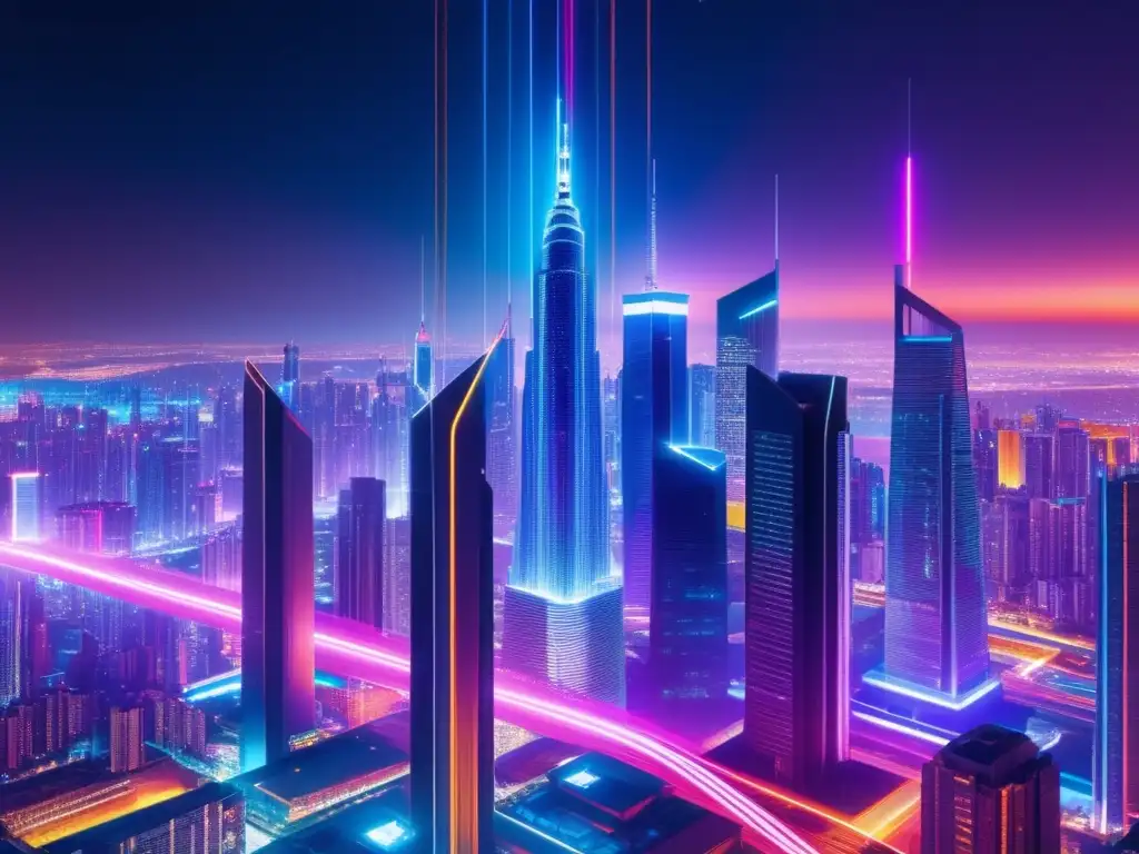 Futurista ciudad de noche con rascacielos modernos iluminados por luces neón, cables de fibra óptica simbolizando la interconexión global