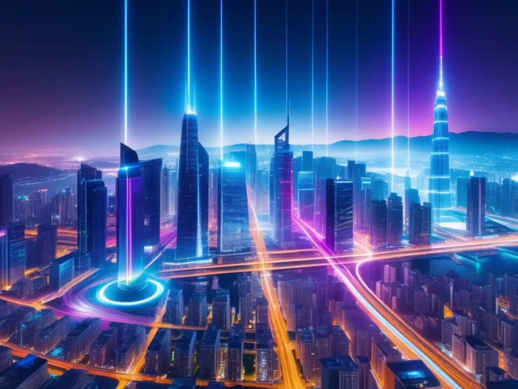 Ciudad futurista nocturna con edificios iluminados por cables de fibra óptica, representando desafíos y perspectivas en entretenimiento digital