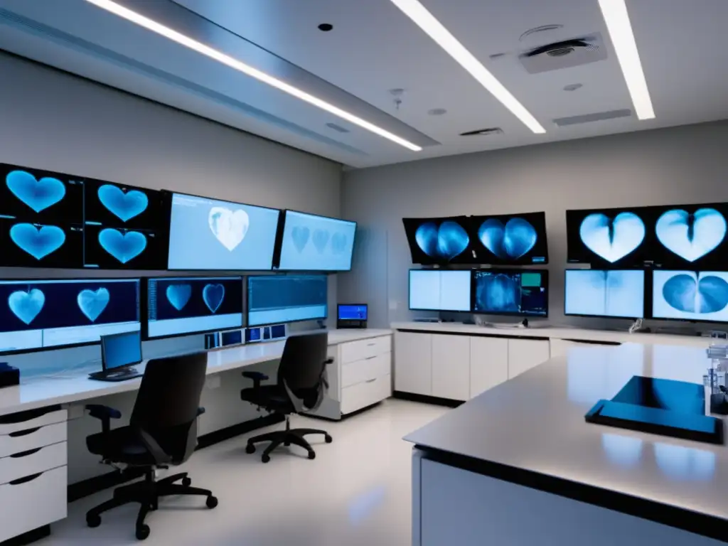 Impacto de la fibra óptica en la cardiología: Sala de cateterismo cardiaco moderna, iluminada con suave luz ambiental