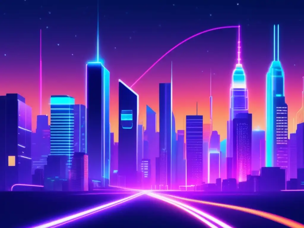 Ilustración de una ciudad futurista en la noche, con rascacielos iluminados por luces de neón