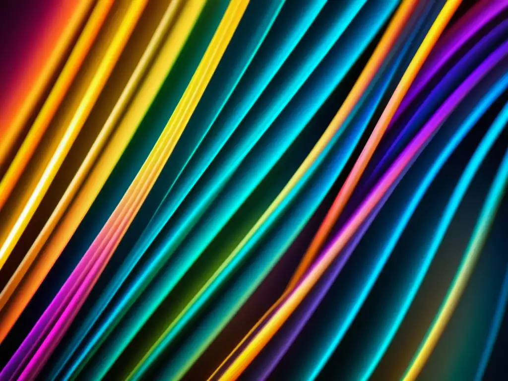 Diseño microscópico fibra óptica tejida en colores vibrantes, reflejando luz en patrón cautivador