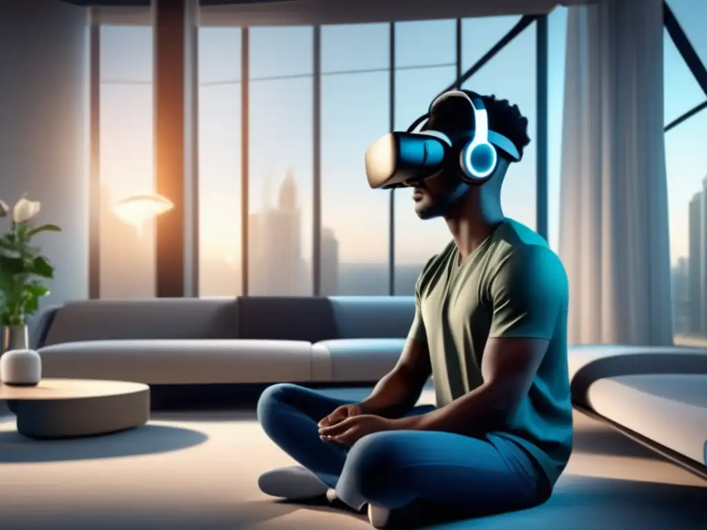 Persona con auriculares inteligentes en entorno de realidad virtual