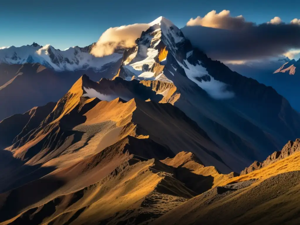 Fibra óptica en altitudes extremas: montaña andina bañada por la luz dorada del atardecer, reflejando la grandiosidad y dureza de los Andes