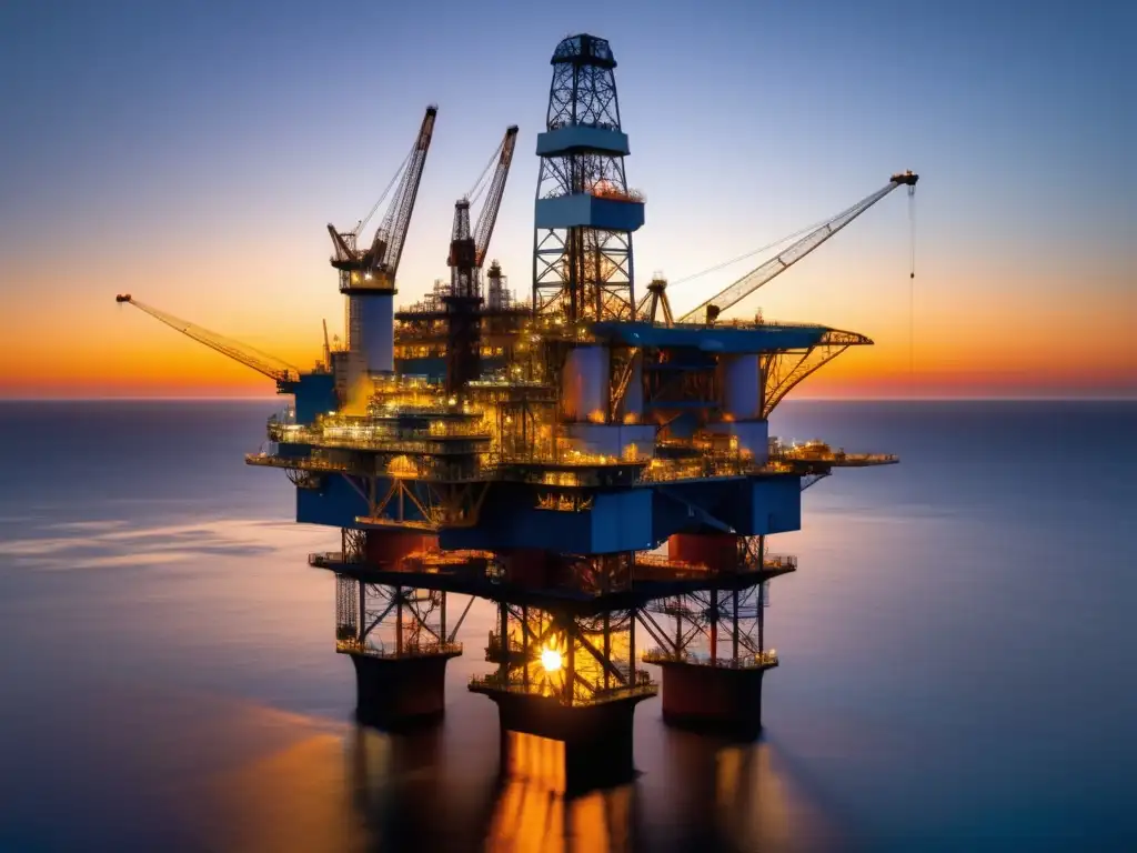 Funcionamiento de la fibra óptica en industria petrolera: rig al atardecer