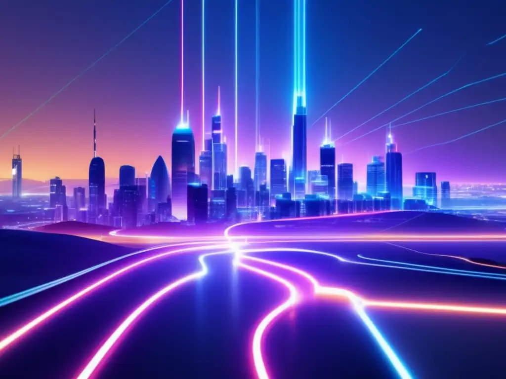 Importancia de la fibra óptica en la red 5G: ciudad futurista con cables luminosos interconectados