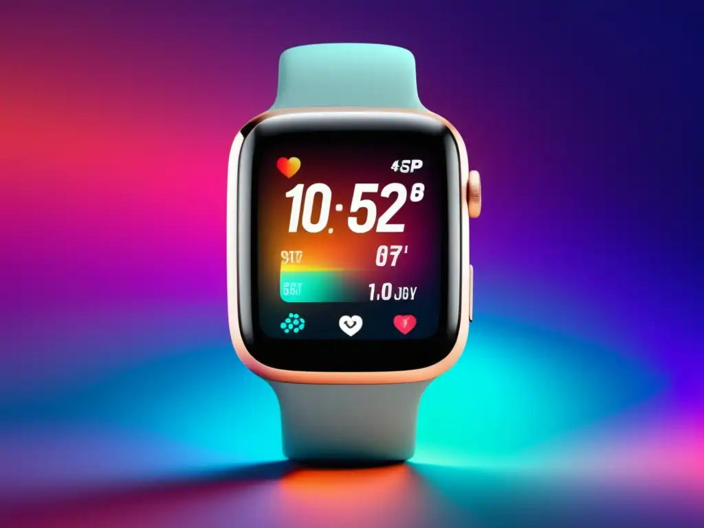 Smartwatch con pantalla vibrante, datos de salud y fitness, y beneficios de la fibra óptica en dispositivos portátiles