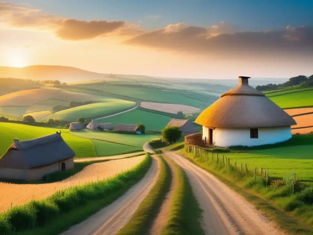 Paisaje rural al atardecer con pueblo aislado en colinas