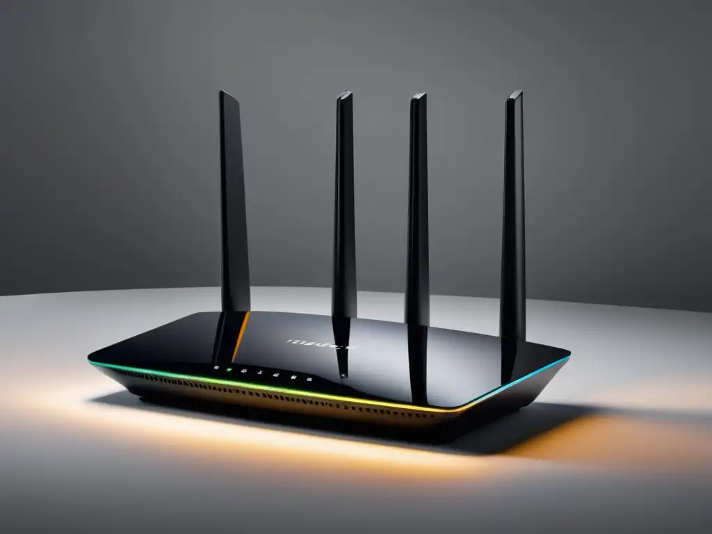 Router inalámbrico moderno y elegante, conectado a múltiples dispositivos, destacando beneficios de la fibra óptica