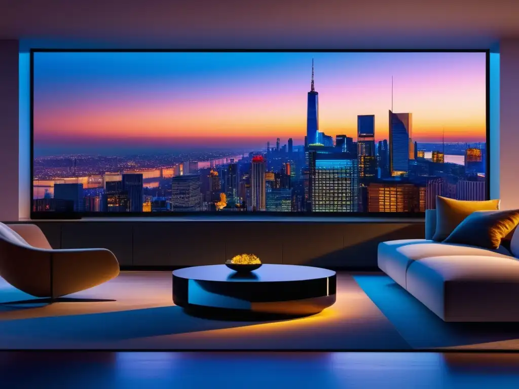 Sala minimalista con vista a la ciudad al atardecer, iluminada por luz ambiental