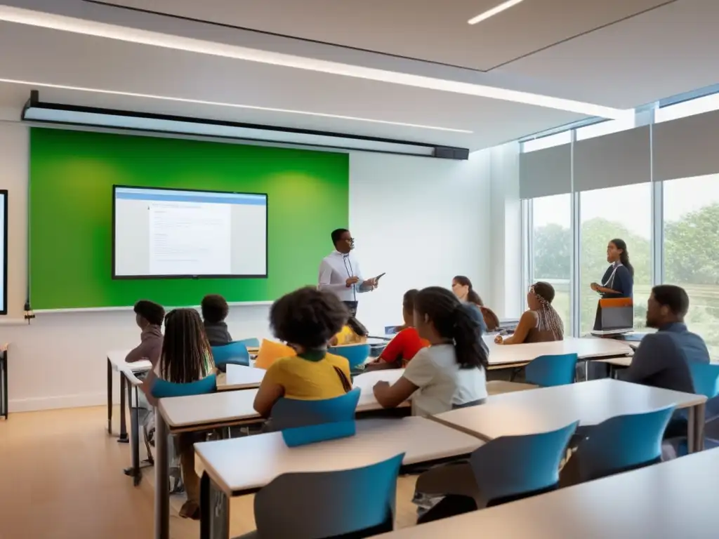 Aula moderna con estudiantes diversos en sesión educativa de fibra óptica: inclusión y entusiasmo