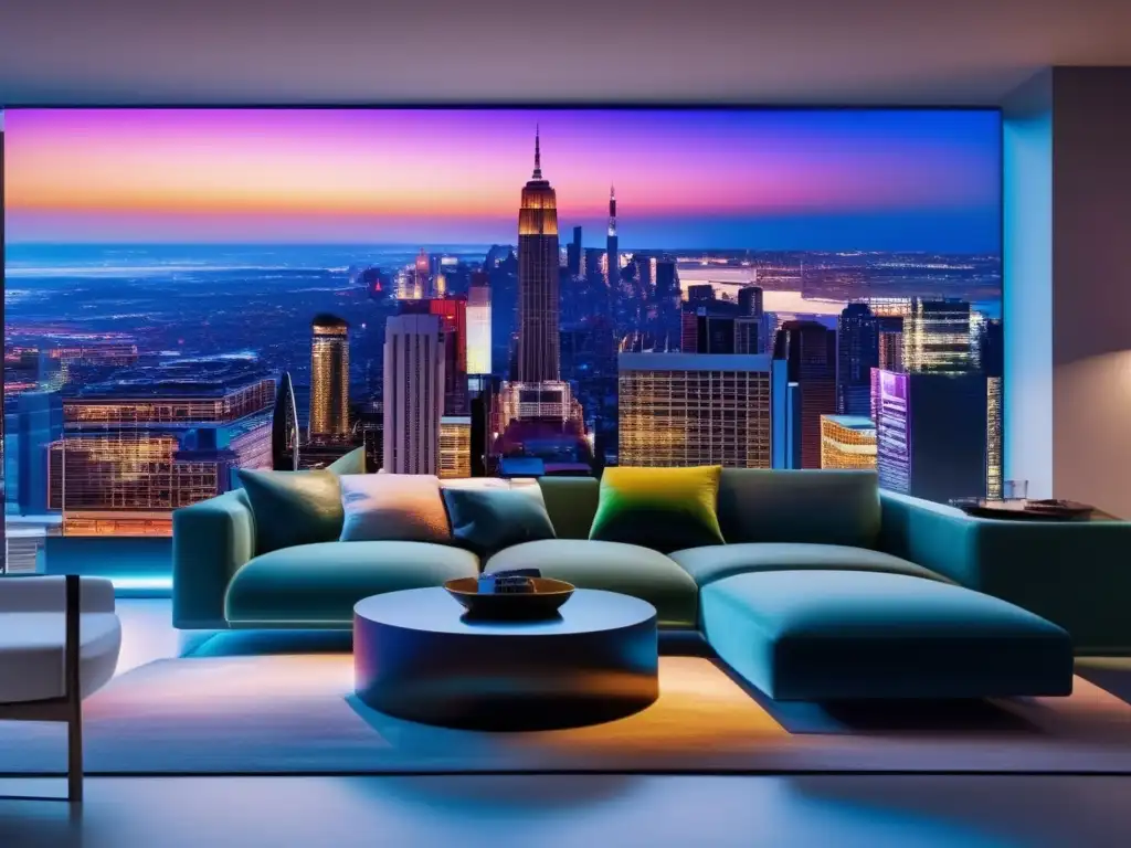 Sala minimalista con TV de alta definición y ciudad nocturna en 8K