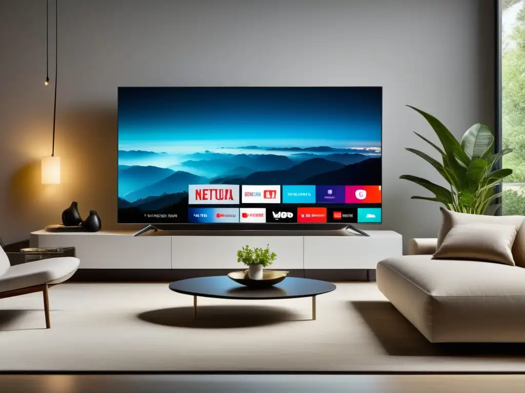 Ventajas Fibra Óptica en Streaming: Moderno salón minimalista con TV smart, decoración neutra y streaming sin interrupciones