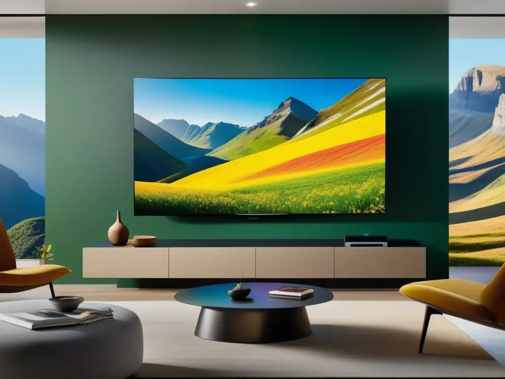 Beneficios ambientales de la fibra óptica en sala de estar moderna con TV 8K OLED y dispositivos inteligentes