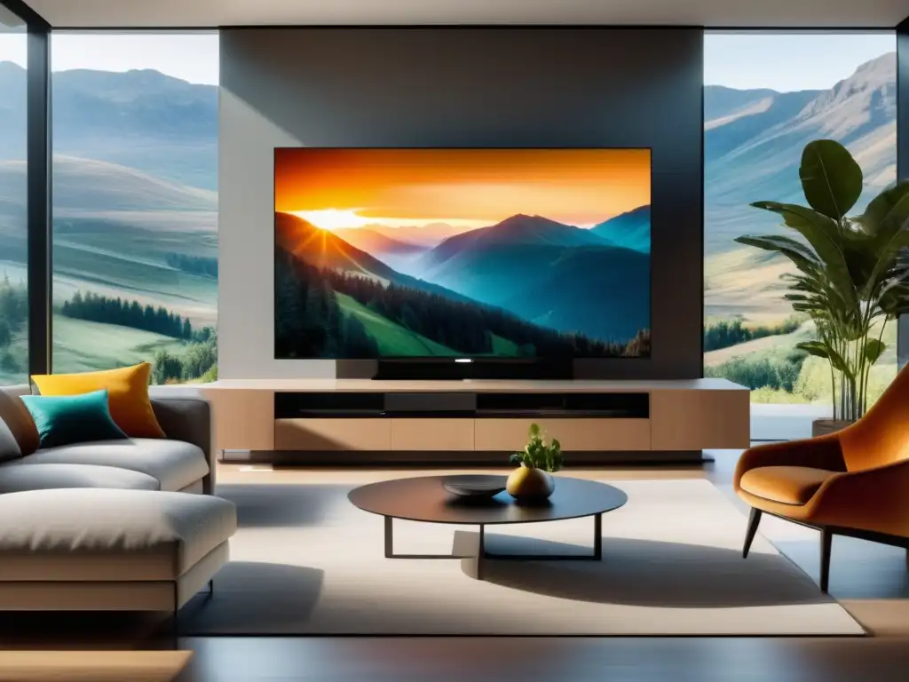 Ventajas de la fibra óptica: Sala de estar moderna con TV 8k, imagen HD, colores vibrantes y luz natural