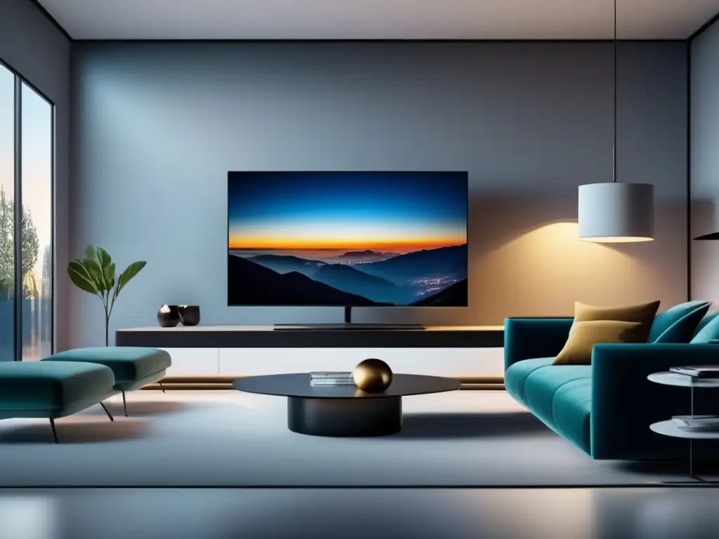 Evolución entretenimiento digital fibra óptica: salón moderno minimalista con televisor 8K, mobiliario minimalista y luz ambiental cálida