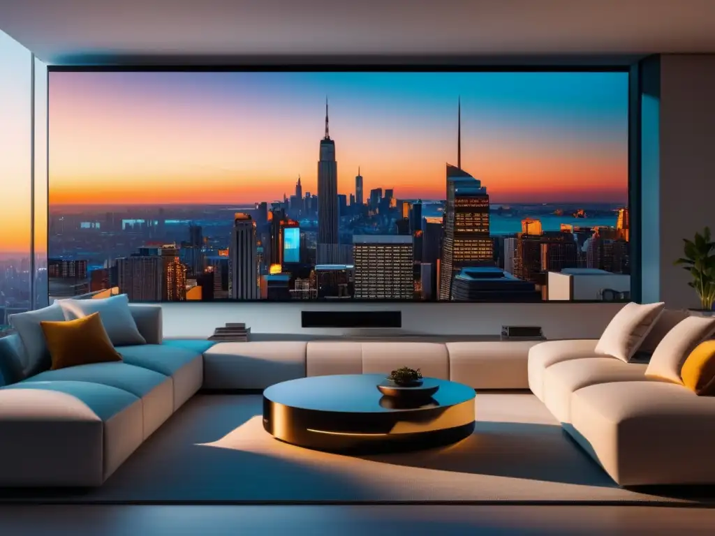 Desventajas de la fibra óptica: sala de estar moderna con vista panorámica de ciudad al atardecer, tecnología integrada y TV de alta resolución