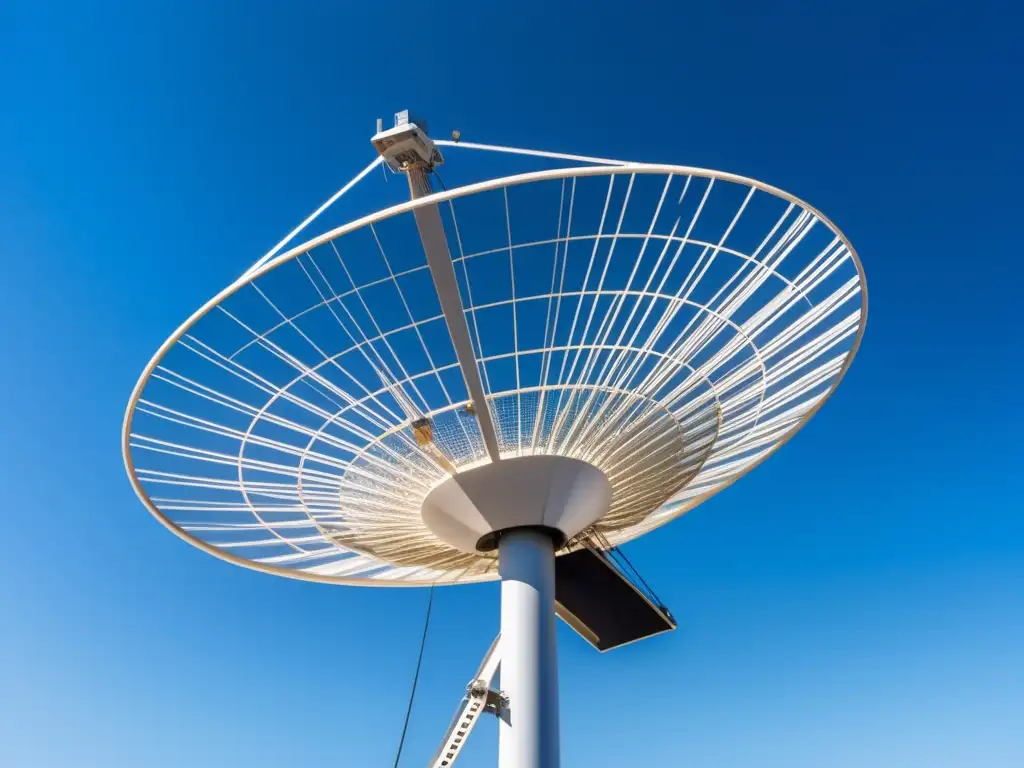 Beneficios de la fibra óptica en comunicaciones satelitales: Moderna antena satelital emitiendo señal en cielo azul