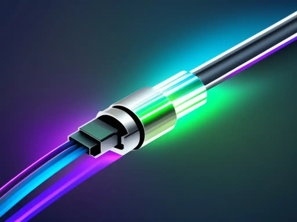 Ciberseguridad en era de la fibra óptica: cable de fibra óptica plateado con brillo, redes luminosas de colores representando flujo de datos