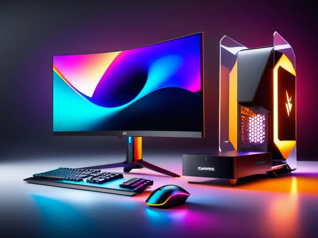 Gaming setup moderno con PC de alta gama, monitor envolvente y ventajas de la fibra óptica en los juegos