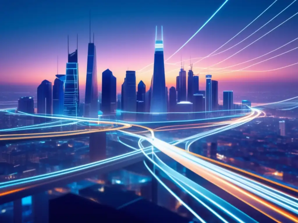 Impacto de la fibra óptica en IoT: ciudad futurista con edificios iluminados y red de cables de fibra óptica