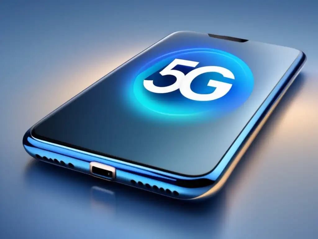 Beneficios de la fibra óptica en la transición al 5G: smartphone moderno con pantalla vibrante muestra icono 5G, conectado a red de cables ópticos