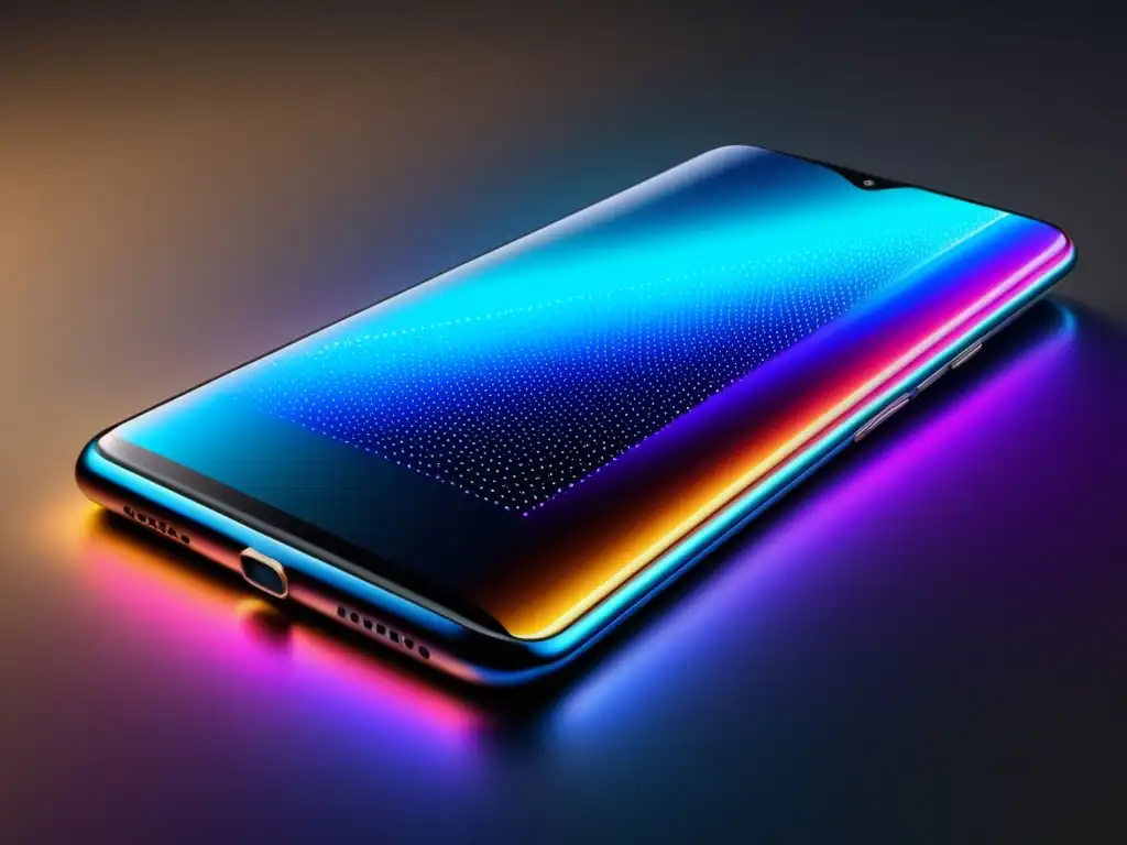 Beneficios de la fibra óptica en dispositivos personales: smartphone moderno con pantalla OLED sin bordes, colores vibrantes y gráficos nítidos