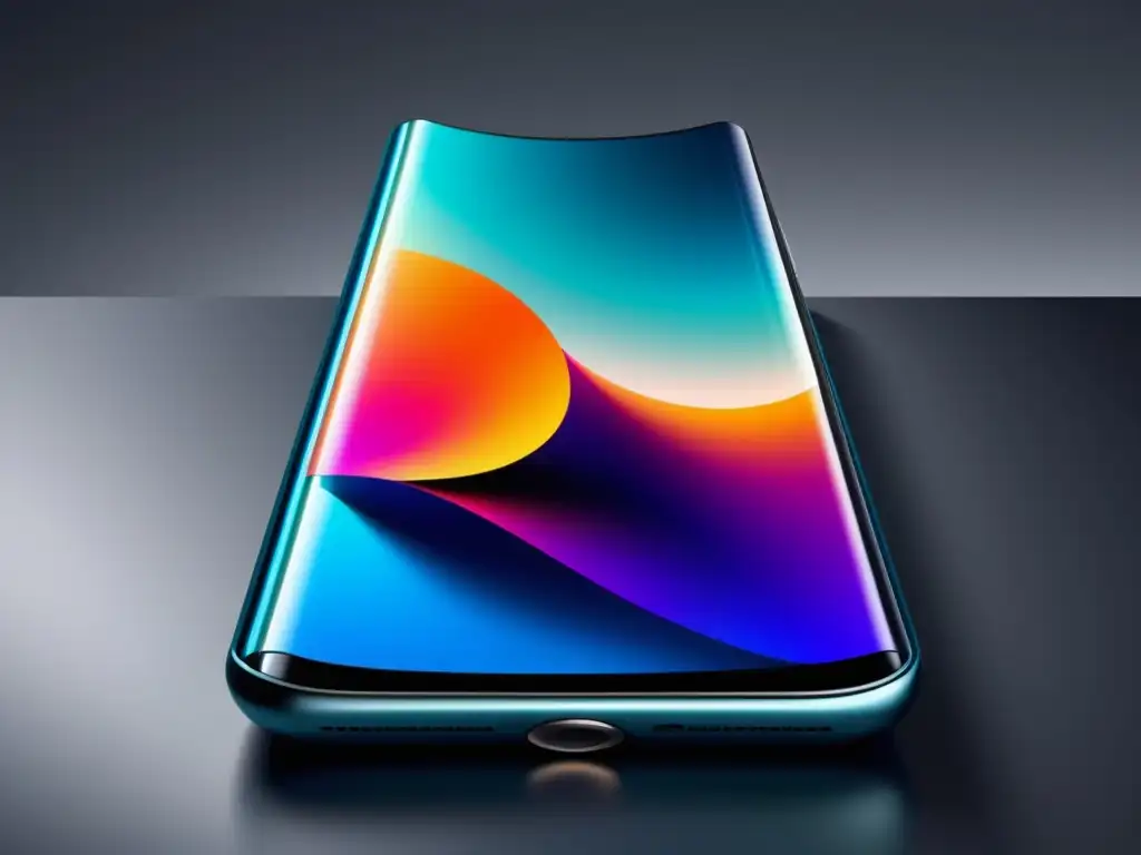 Un smartphone moderno y flexible con pantalla plegable, 5G y AI, en un elegante marco metálico y colores futuristas