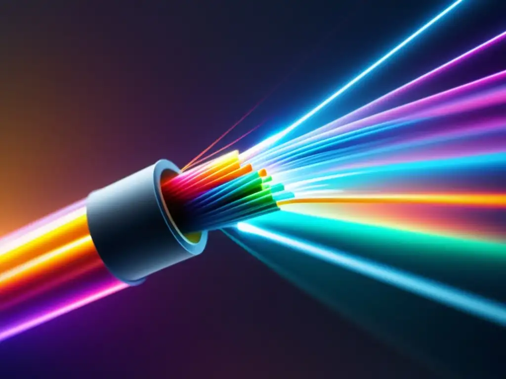 Ventajas y desventajas de la fibra óptica: Tecnología moderna y sofisticada que muestra fascinante cable de fibra óptica y su espectro de colores